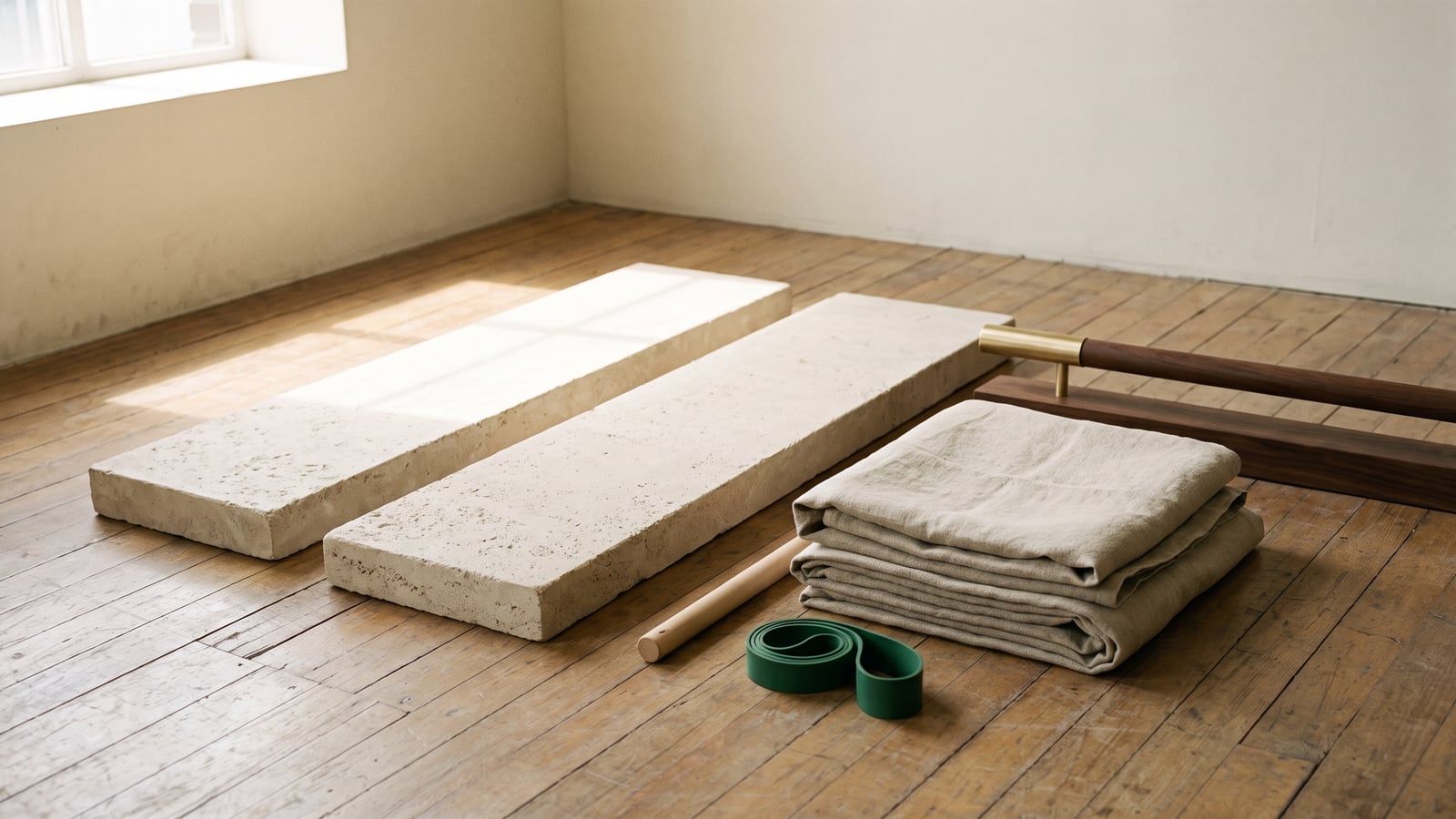 Two rectangular limestone blocks, folded linen, and a walnut rail are arranged on a wooden floor in soft light from a nearby window.