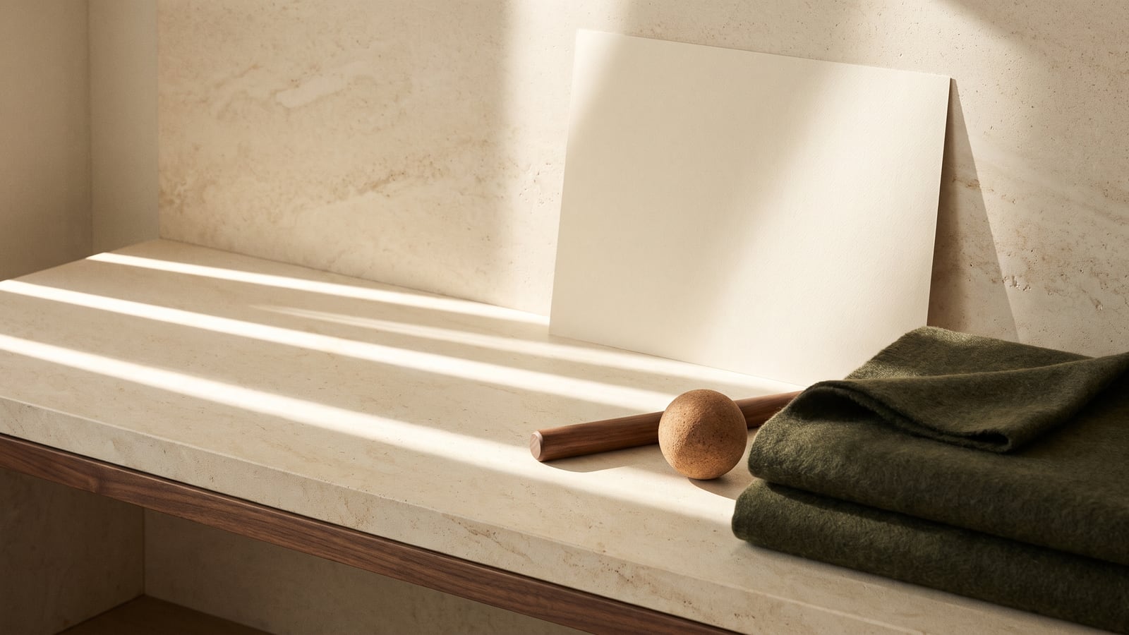 Sunlight streams across a stone surface holding a folded green blanket, a wooden dowel, a cork ball, and a blank piece of paper.