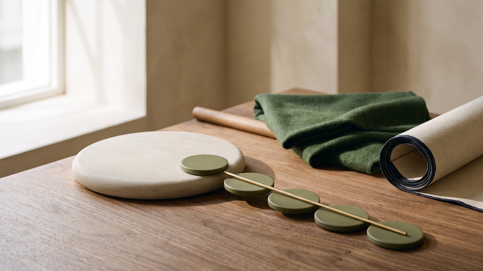 A large limestone disc and a series of smaller olive discs on a brass rod are arranged on a wooden table in soft window light.