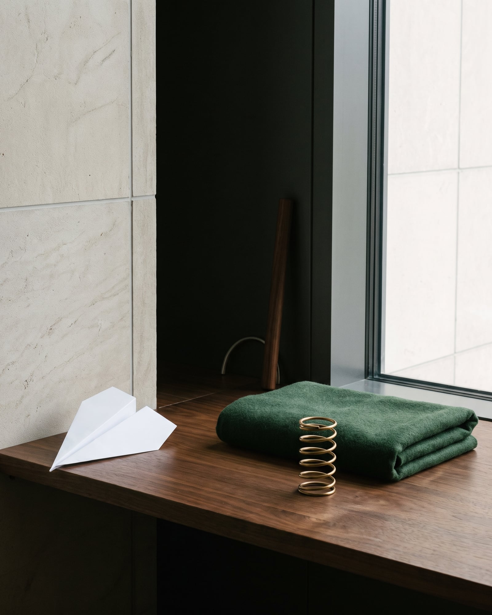 Folded forest textile, brass spring, walnut, and a blank paper plane