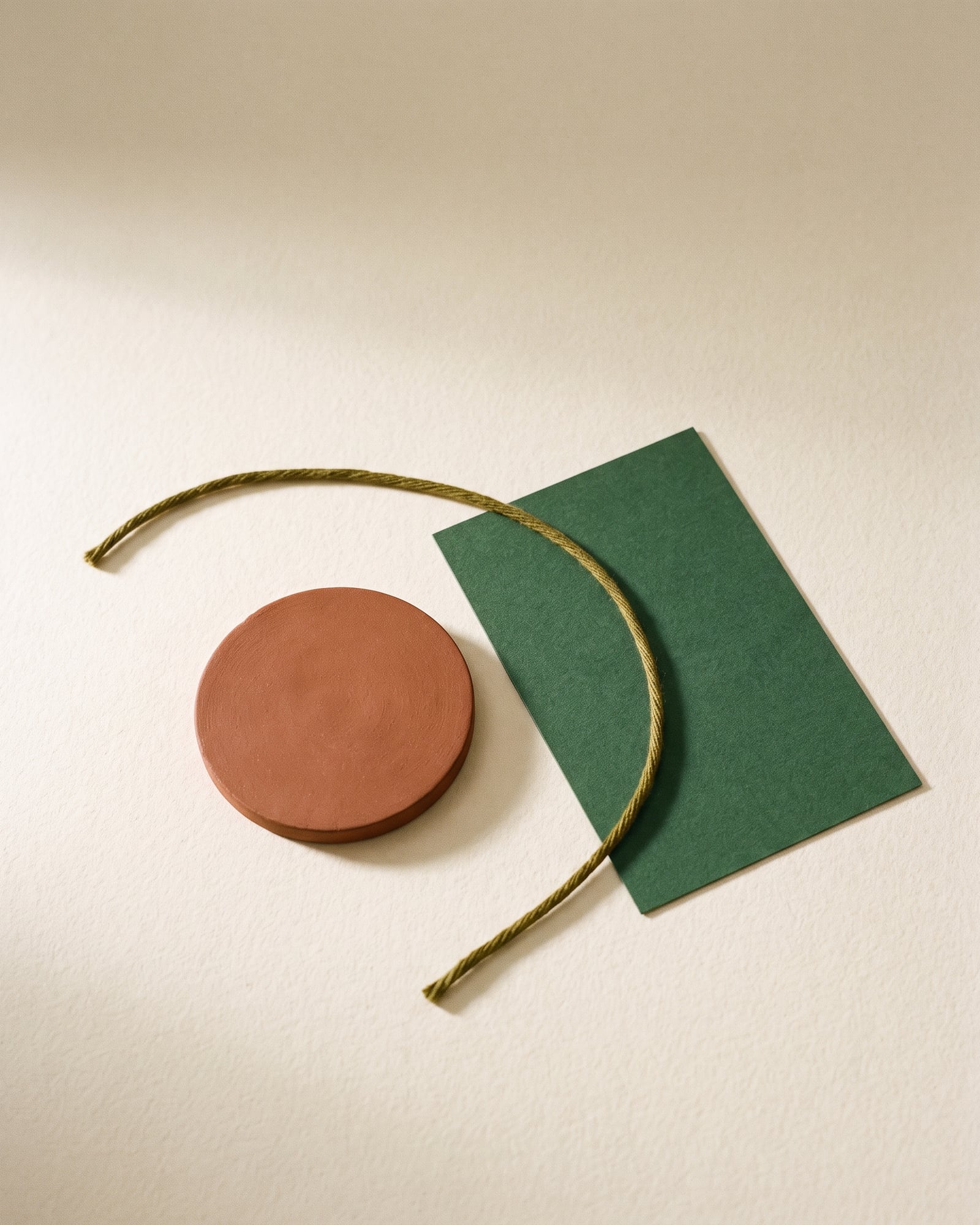Forest green plane, clay circle, and curved olive line on a warm ivory surface